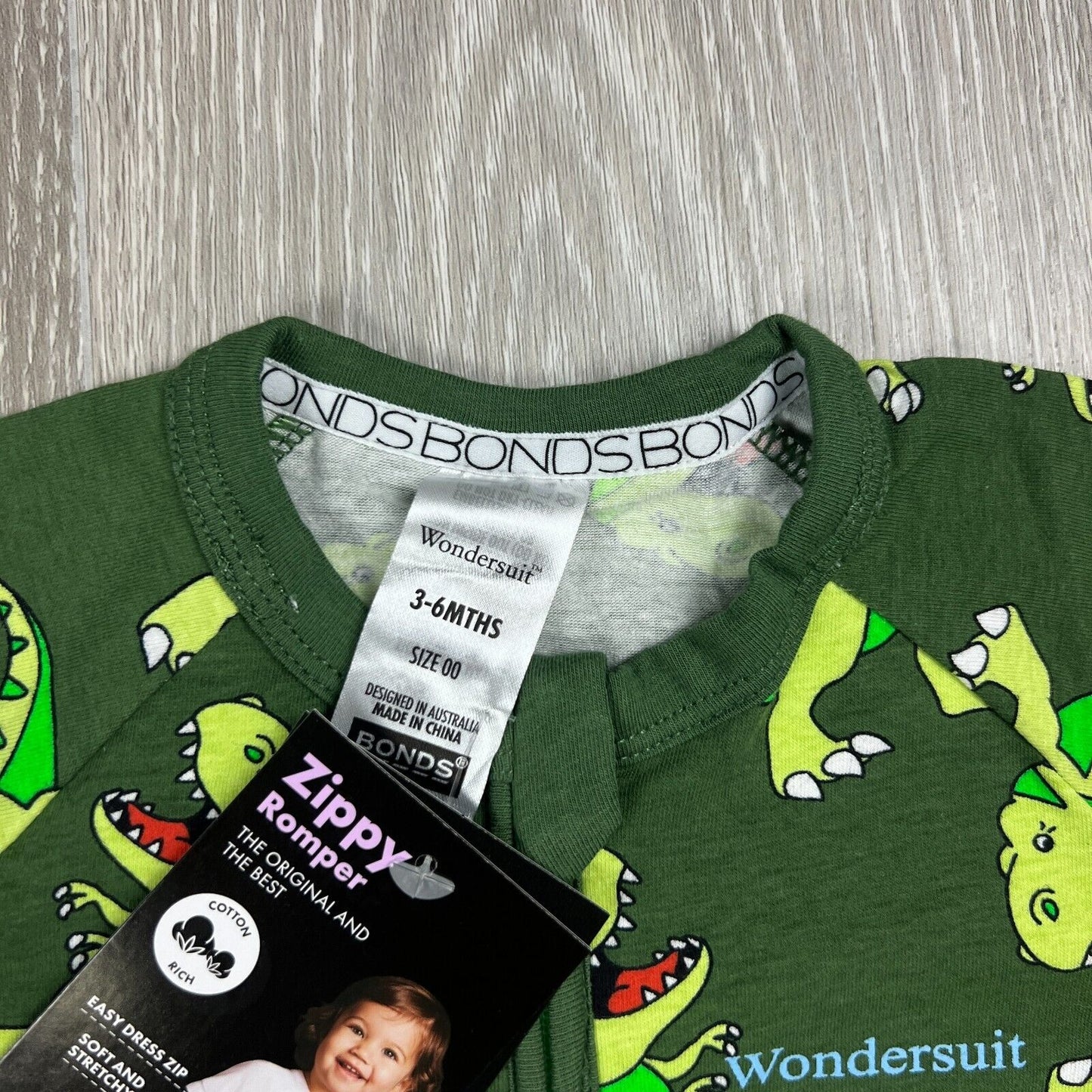 Bonds Wondersuit Zippy Romber Green Dinosaur T-Rex Size 3-6 Months (new)