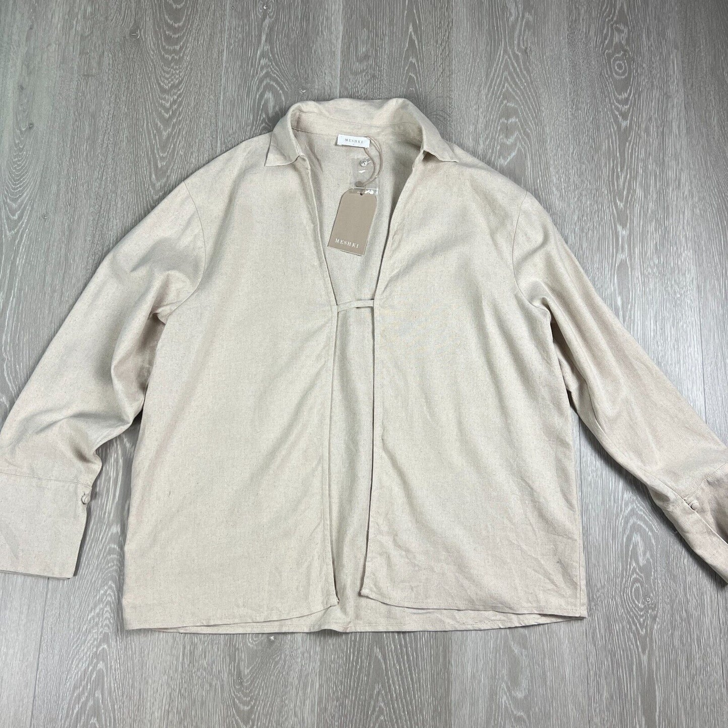Meshki Womens Tasha Oversized Beige Linen Shirt Size Small (New)
