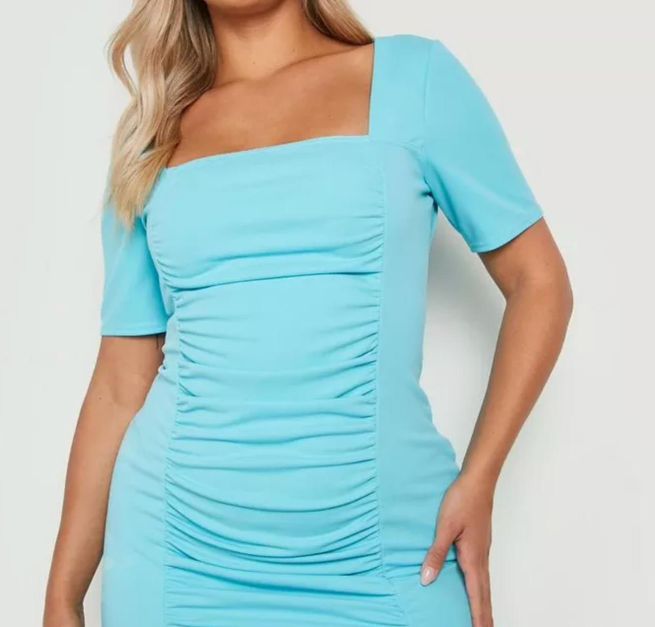 Boohoo Plus Ruched Square Neck Midi Dress in Blue Size 18 (New)
