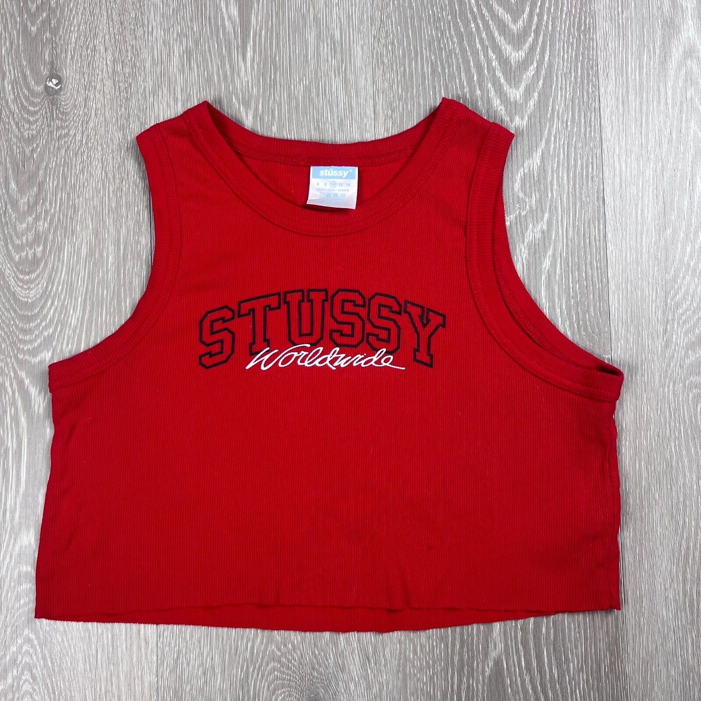 Stussy Womens Red Ribbed Cropped Tank Top Size 10