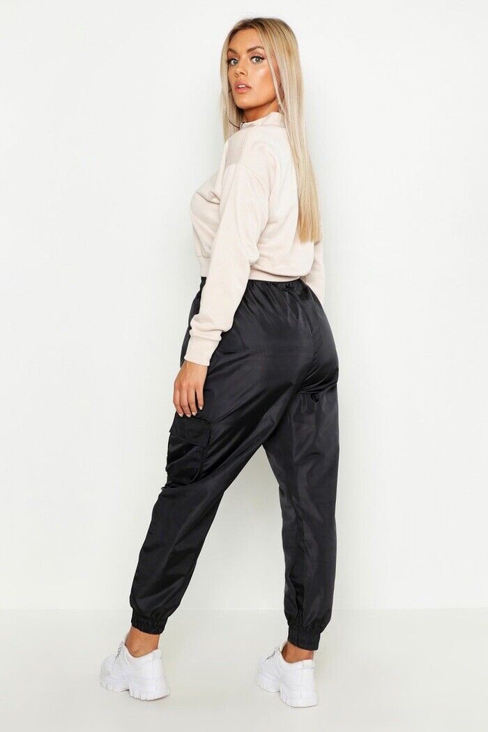 Boohoo Plus Womens Black Pocket Side Shell Jogger Size 28 (New)