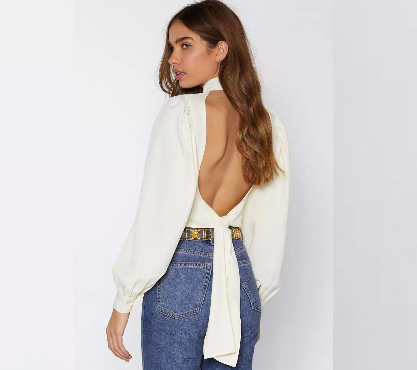 Nasty Gal Puff Sleeve Backless Tie Blouse Cream Size 8 (New)