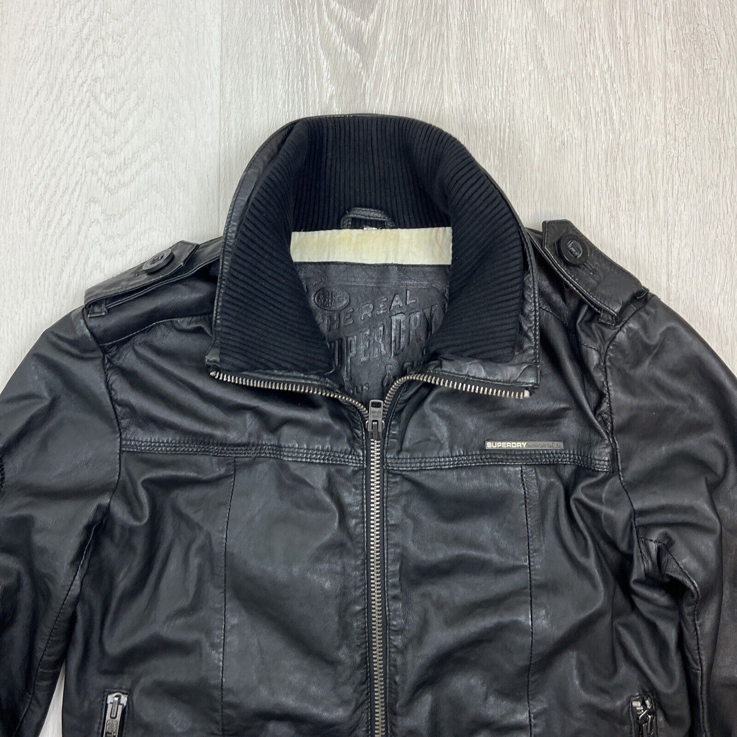 Superdry Mens Black Leather Biker Jacket Size Large