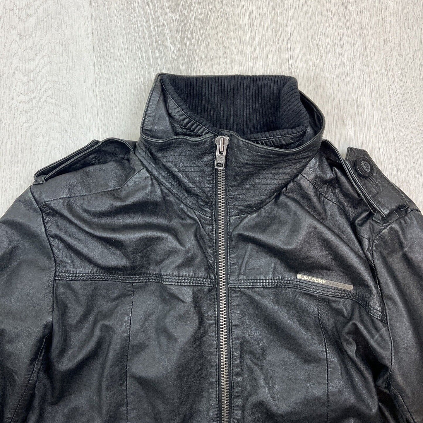 Superdry Mens Black Leather Biker Jacket Size Large