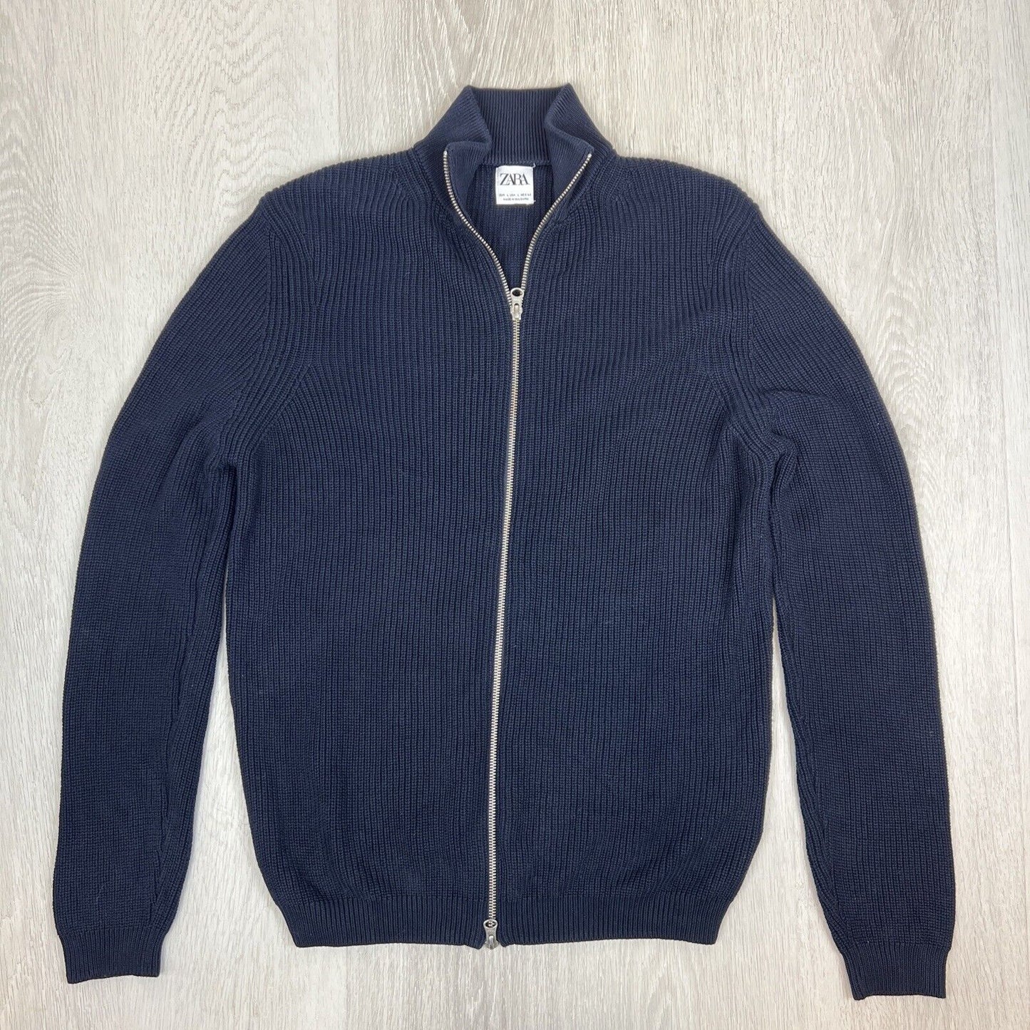 Zara Mens Dark Navy Knitted Full Zip Jacket Size Large