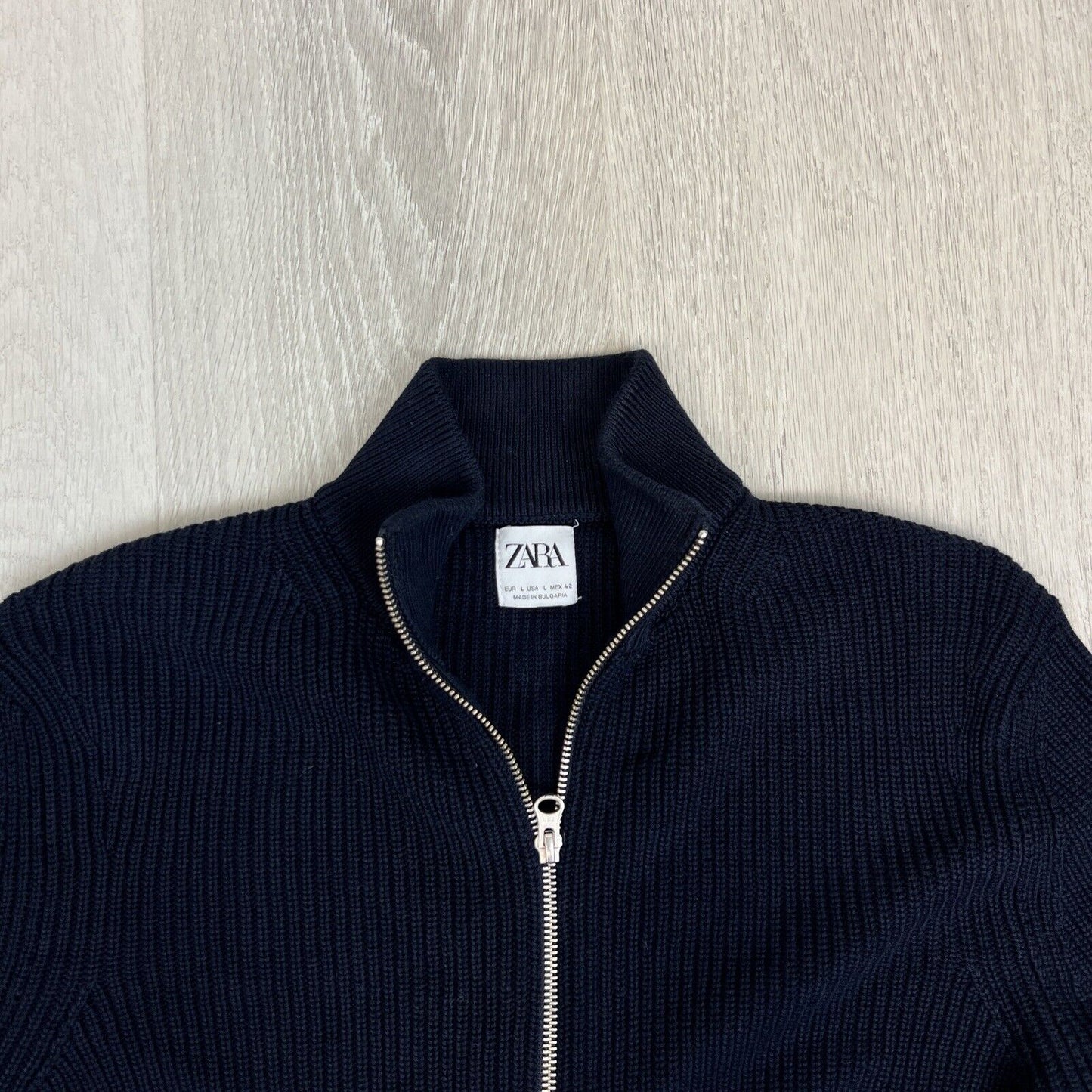 Zara Mens Dark Navy Knitted Full Zip Jacket Size Large