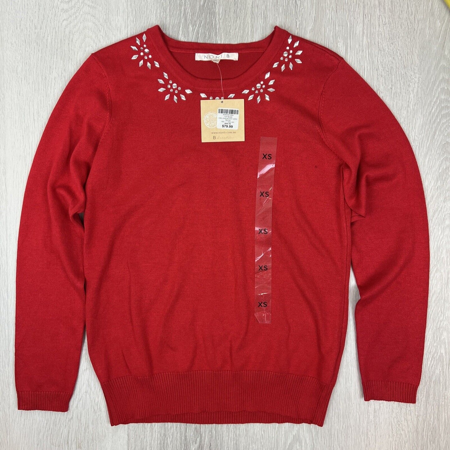 Noni B Womens Red Embelished Neck Pullover Knit Jumper Size XS (New)