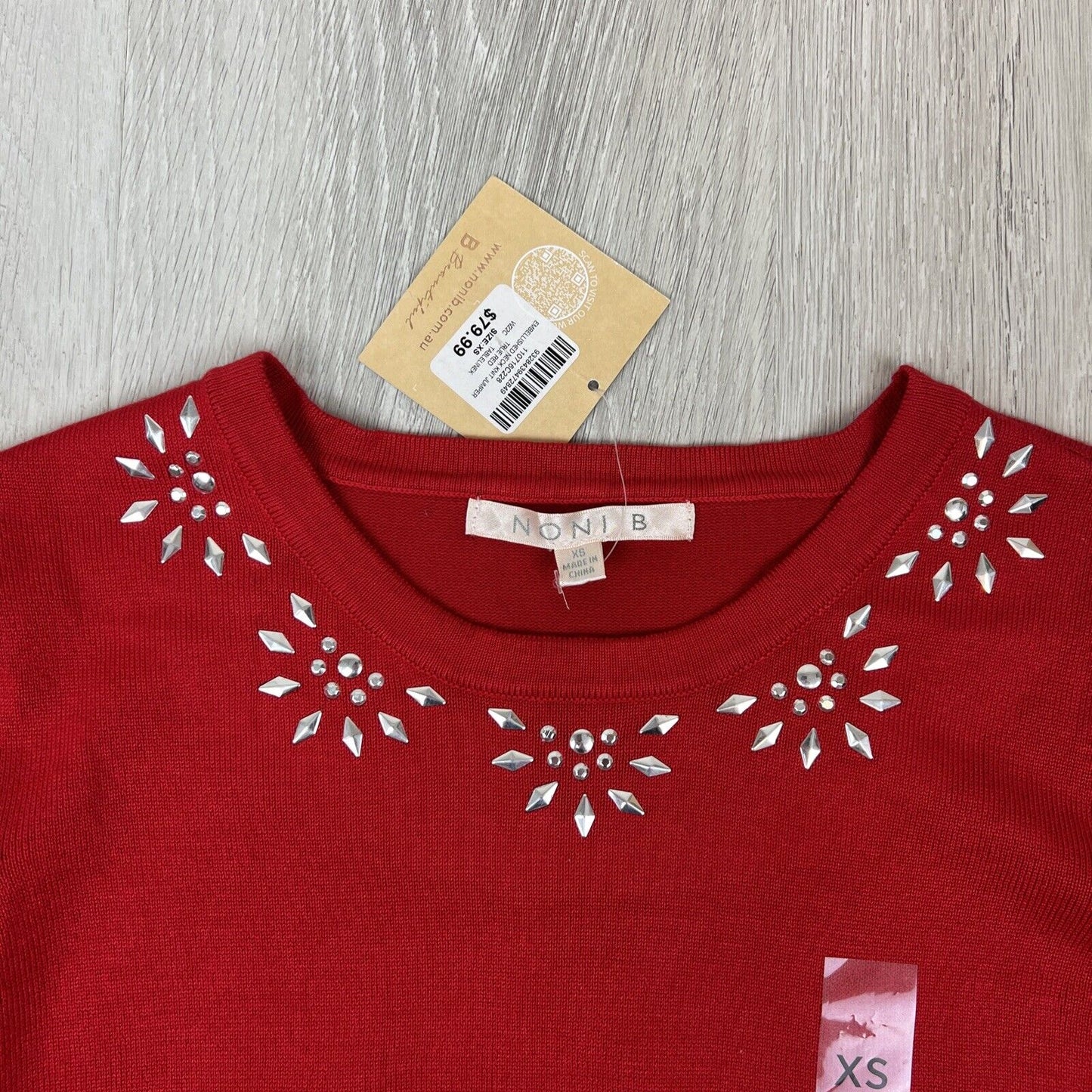 Noni B Womens Red Embelished Neck Pullover Knit Jumper Size XS (New)