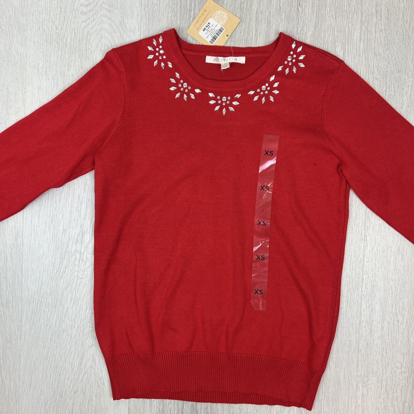 Noni B Womens Red Embelished Neck Pullover Knit Jumper Size XS (New)