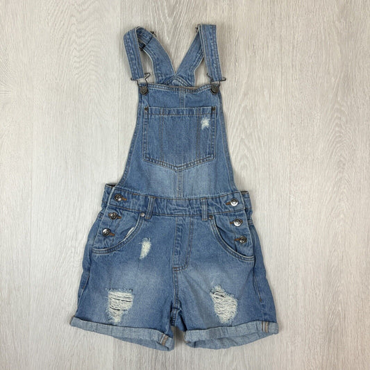 Supre Womens Short Blue Denim Distressed Dungarees Size 4