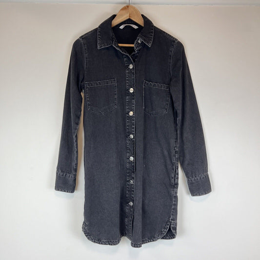 Zara Womens Black Denim Button Up Shirt Dress Size XS