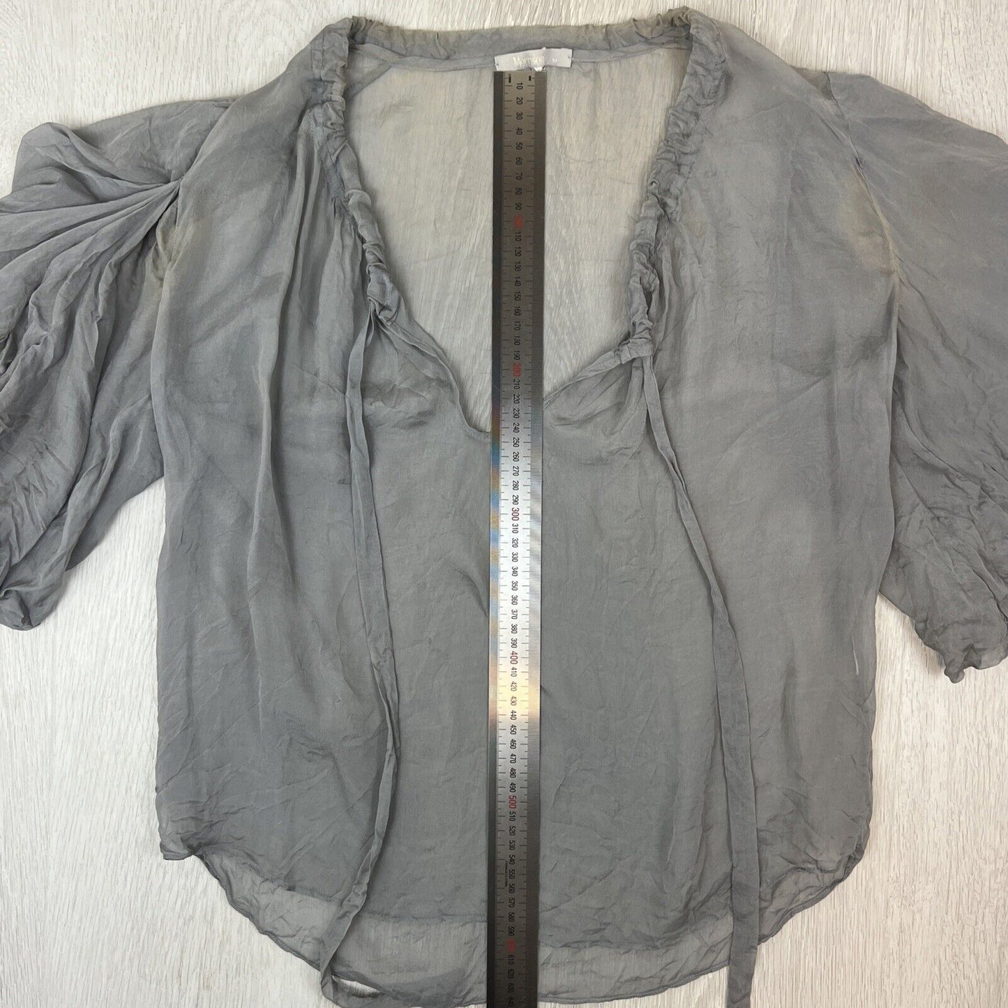 Morrison Womens Grey Sheer Silk Blouse Size Medium (staining)