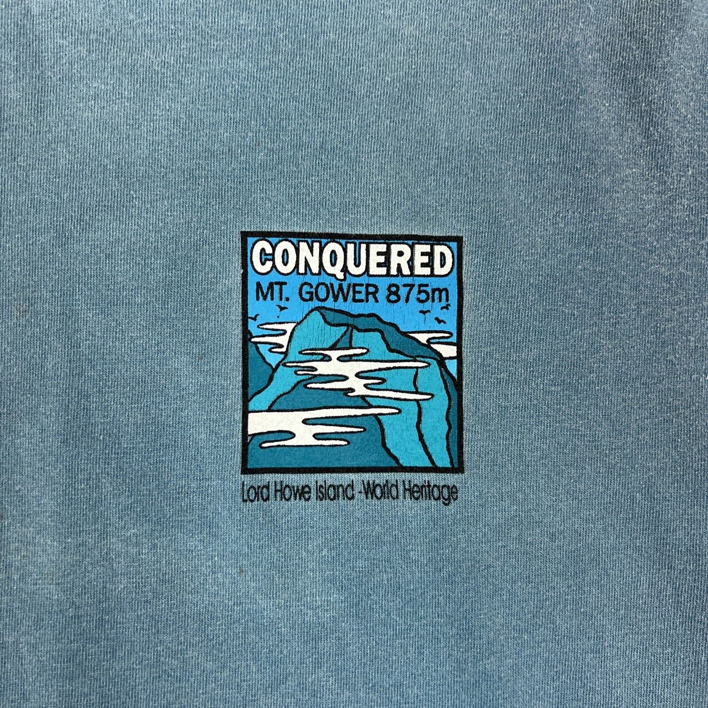 Conquered Mt Gower Lorde Howe Island Mens Blue T-shirt Size Large