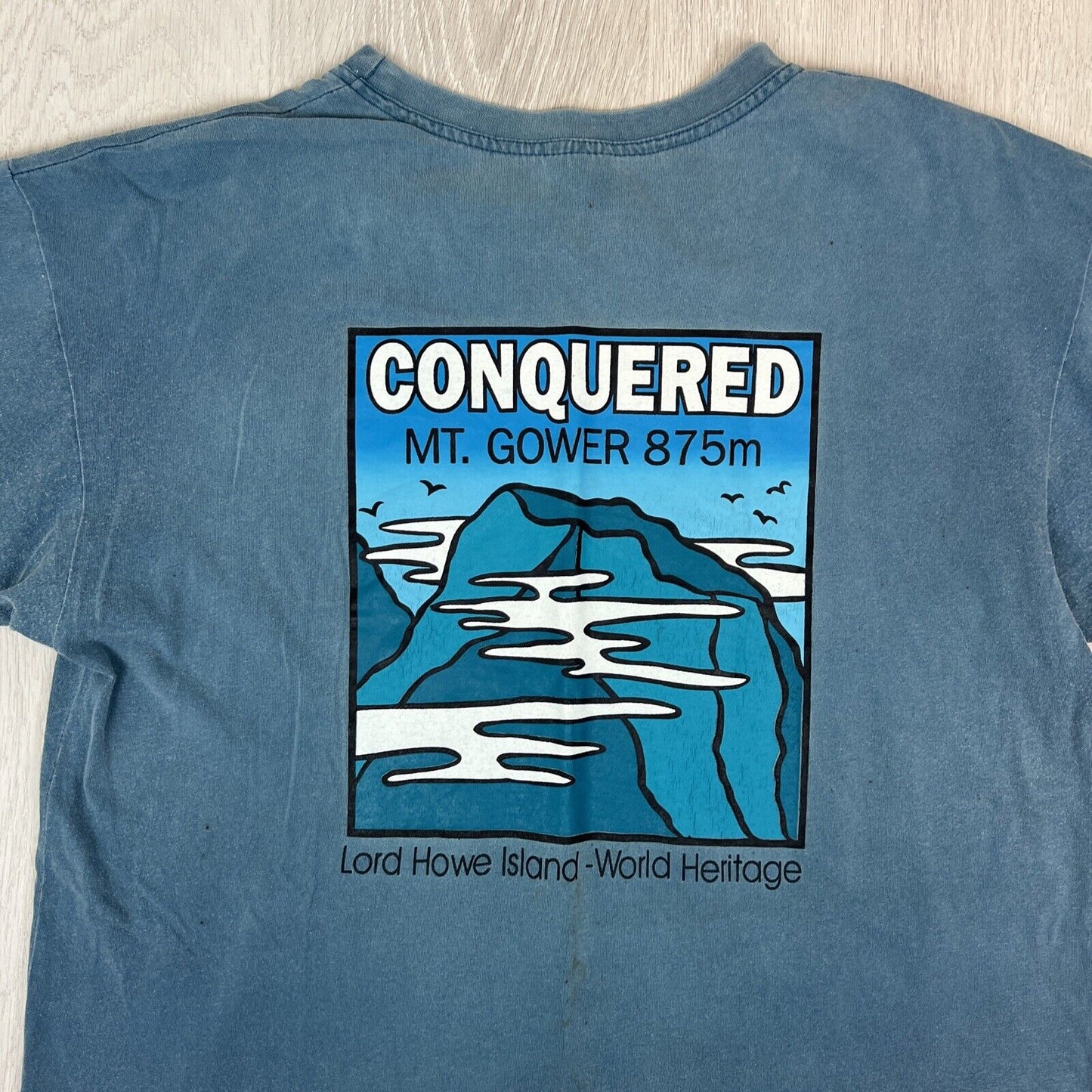 Conquered Mt Gower Lorde Howe Island Mens Blue T-shirt Size Large