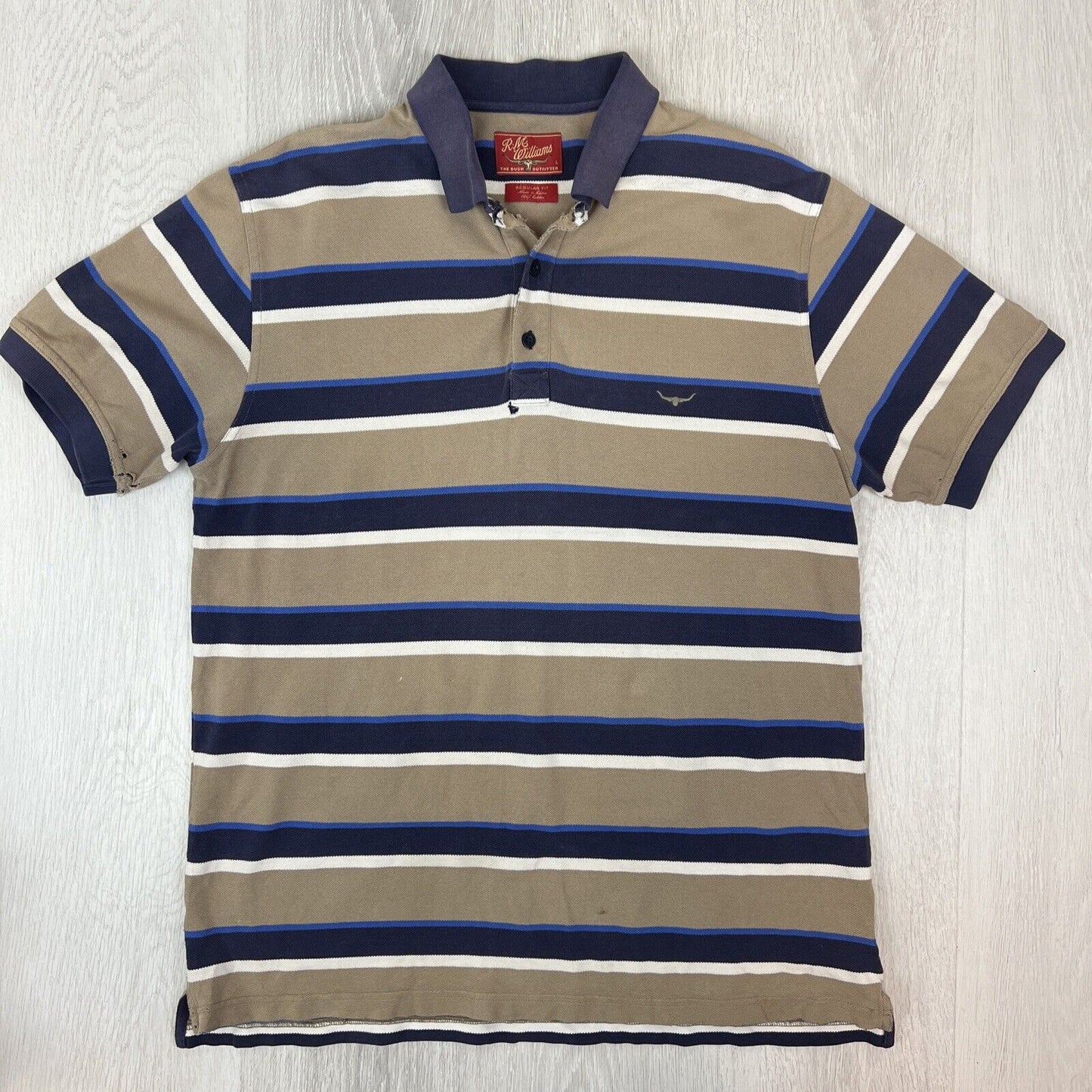 R.M. Williams Mens Striped Polo Shirt Size Large (Lots distress and holes))