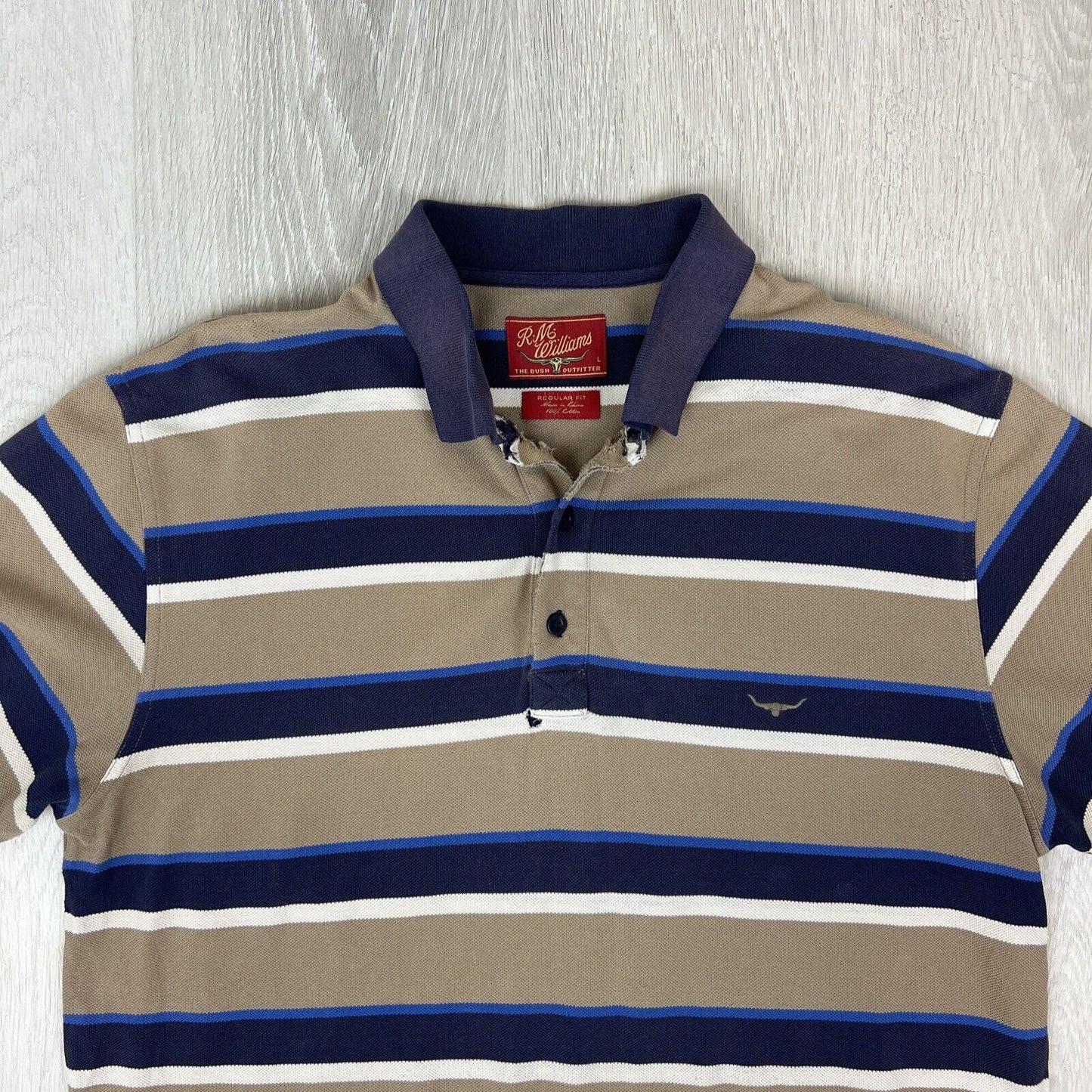 R.M. Williams Mens Striped Polo Shirt Size Large (Lots distress and holes))