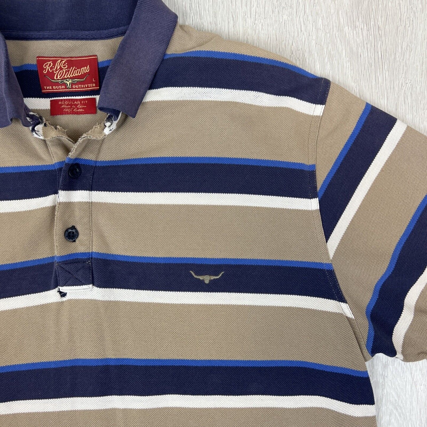 R.M. Williams Mens Striped Polo Shirt Size Large (Lots distress and holes))