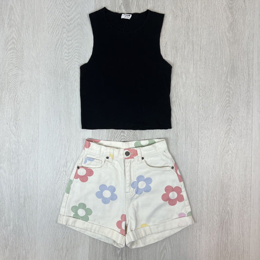 Womens Outfit Set - Ghanda Flower Denim Shorts Size XS /  Cotton On Tank Size XS