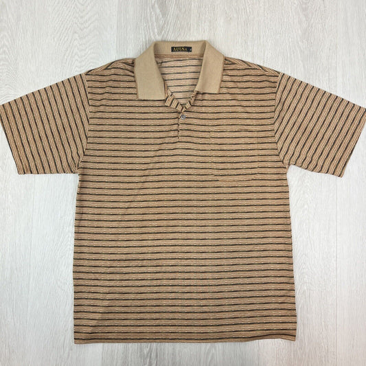 Ausna Mens Vintage Pattern Brown Striped Polo Shirt Size XL (Measures M/L)