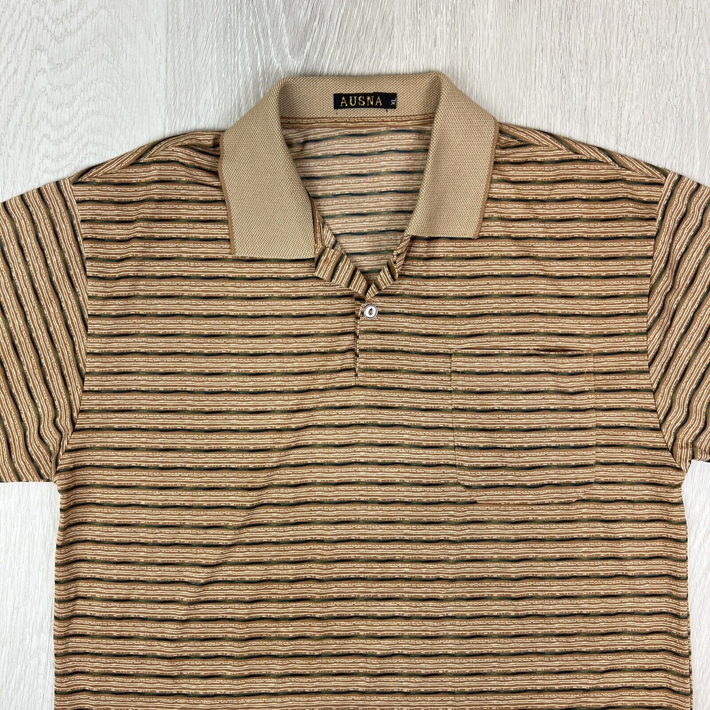 Ausna Mens Vintage Pattern Brown Striped Polo Shirt Size XL (Measures M/L)