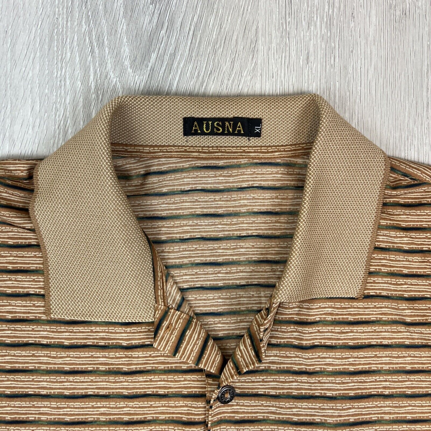 Ausna Mens Vintage Pattern Brown Striped Polo Shirt Size XL (Measures M/L)