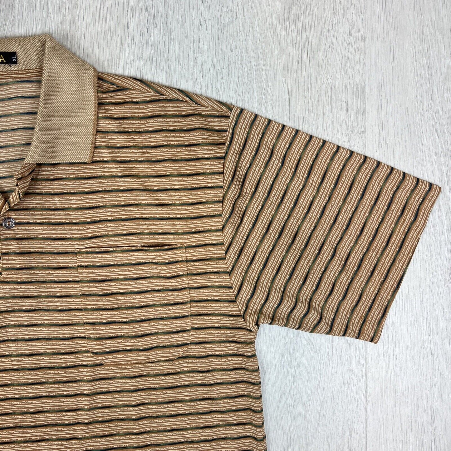 Ausna Mens Vintage Pattern Brown Striped Polo Shirt Size XL (Measures M/L)