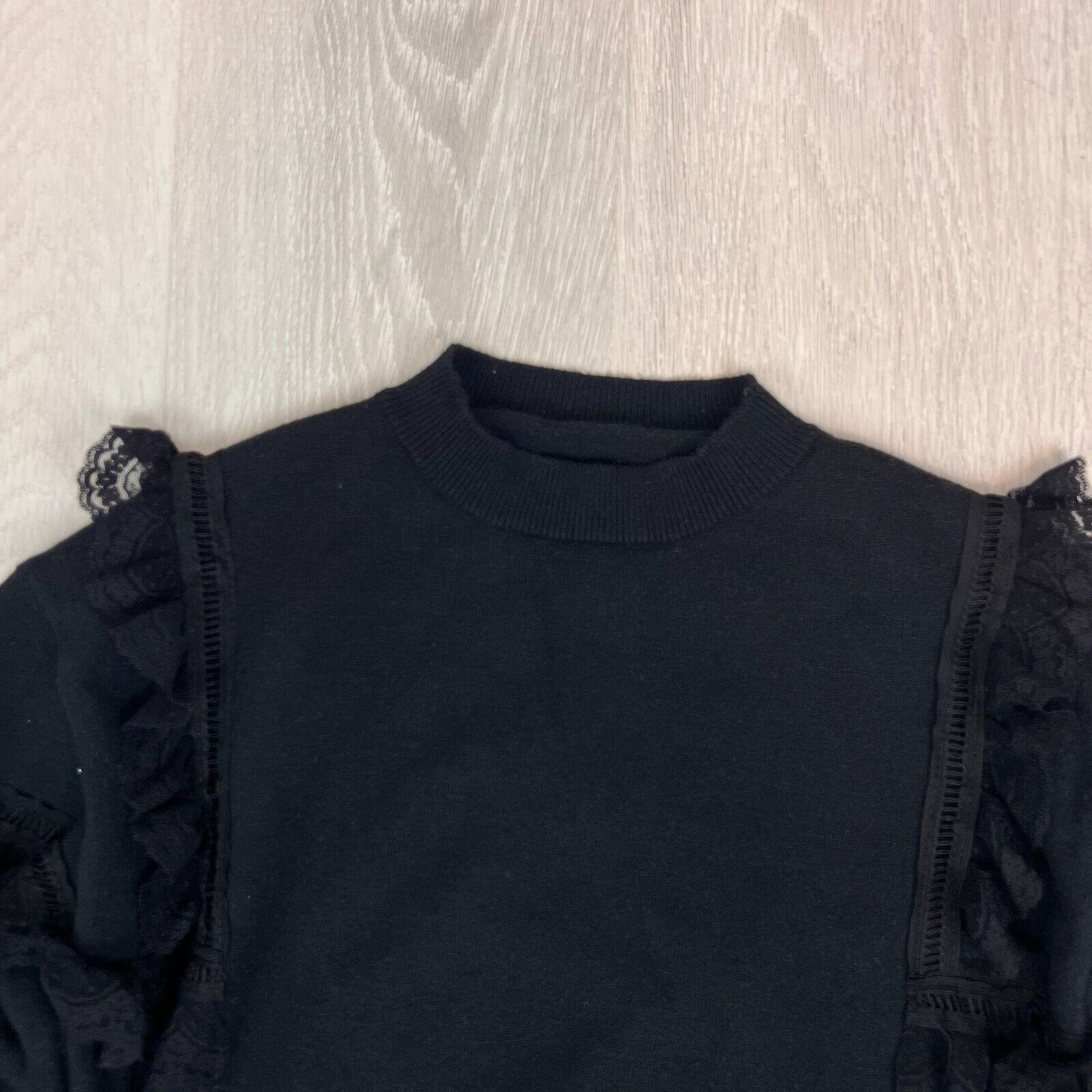 Womens Black Knitted Pullover Lace Detail Sleeve Jumper Size Small Approx