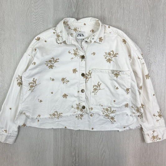 Zara Womens White Denim Oversized Cropped Flower Embrodery Jacket Size Small