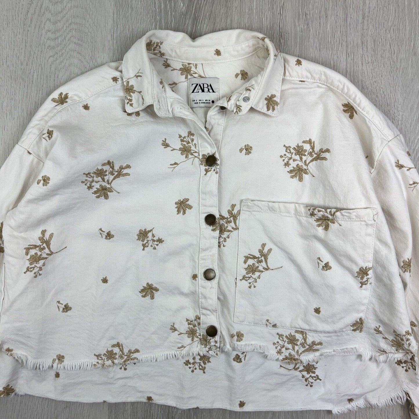 Zara Womens White Denim Oversized Cropped Flower Embrodery Jacket Size Small