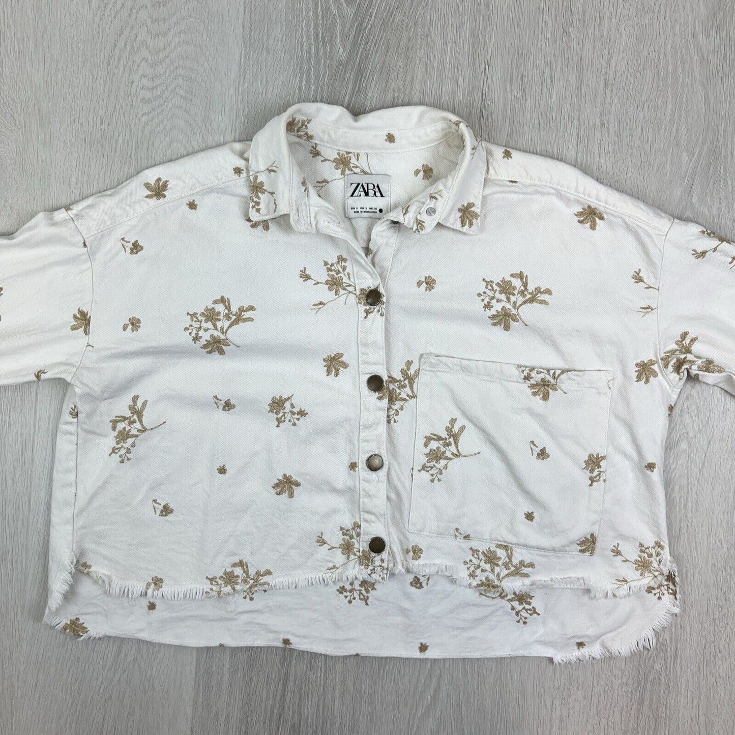 Zara Womens White Denim Oversized Cropped Flower Embrodery Jacket Size Small