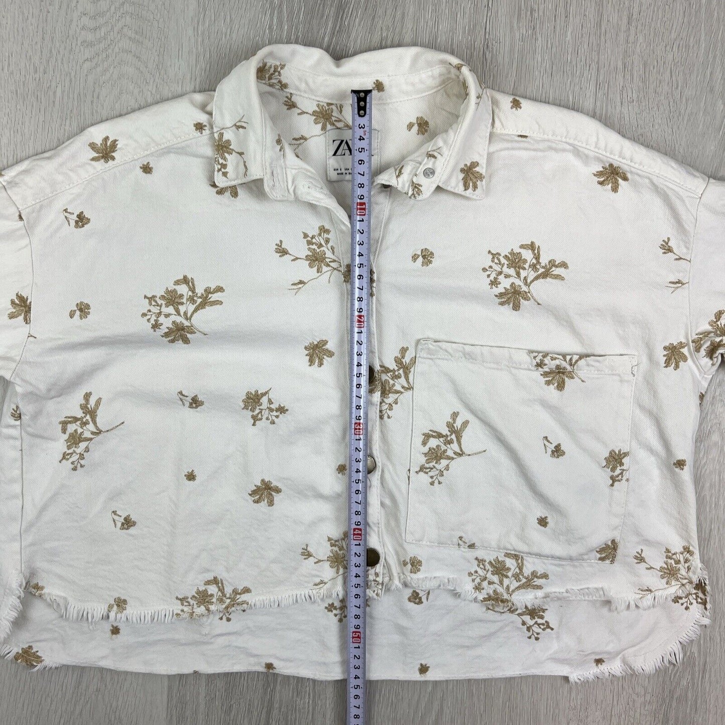 Zara Womens White Denim Oversized Cropped Flower Embrodery Jacket Size Small