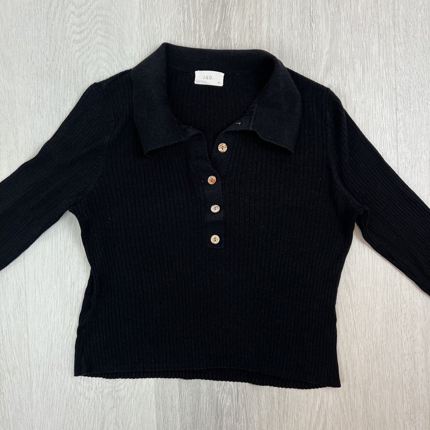 JAG Womens Black Knitted Cropped Long Sleeve Collared Top Size Medium