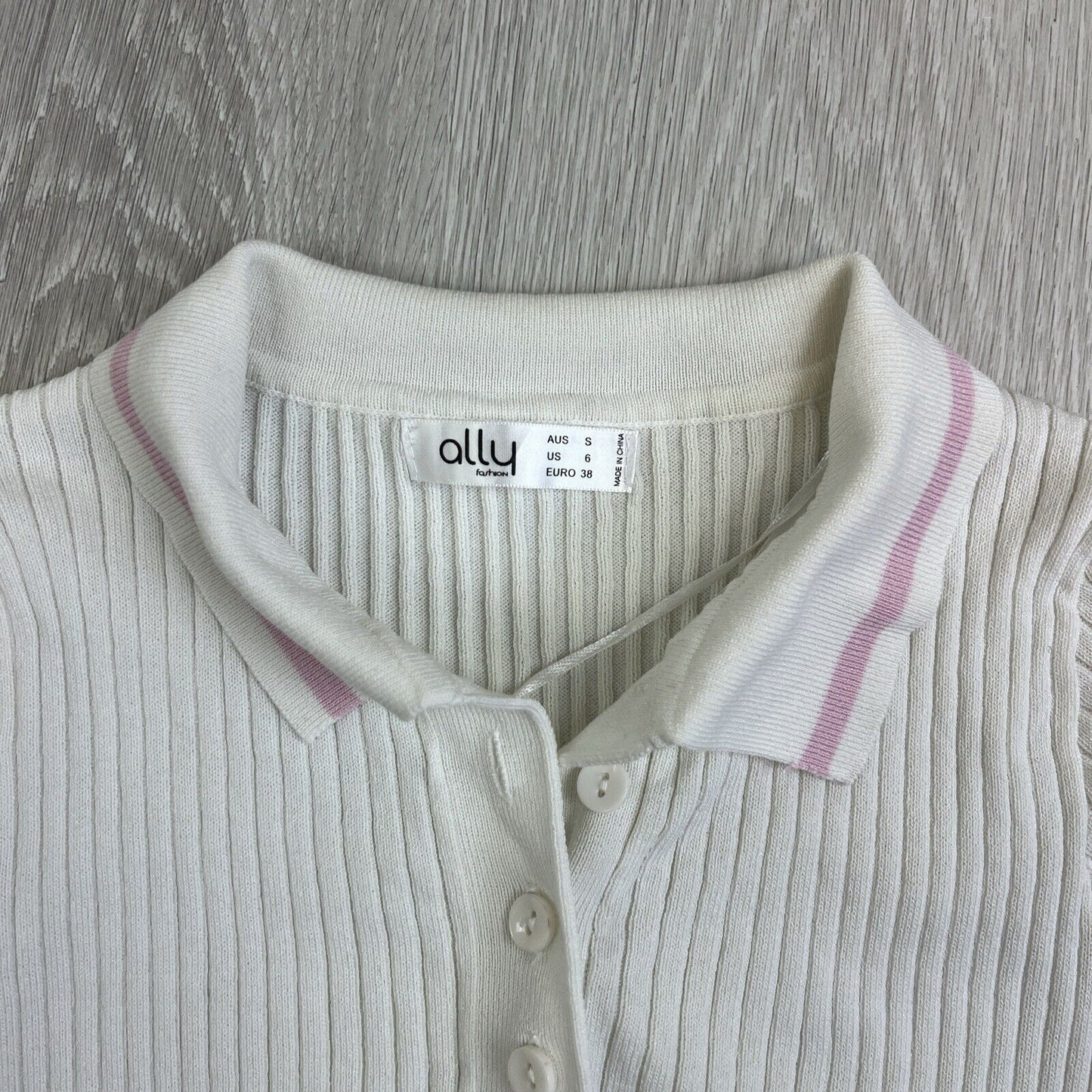 Ally Womens Preppy White Cropped Stretch Ribbed Polo Shirt Size Small