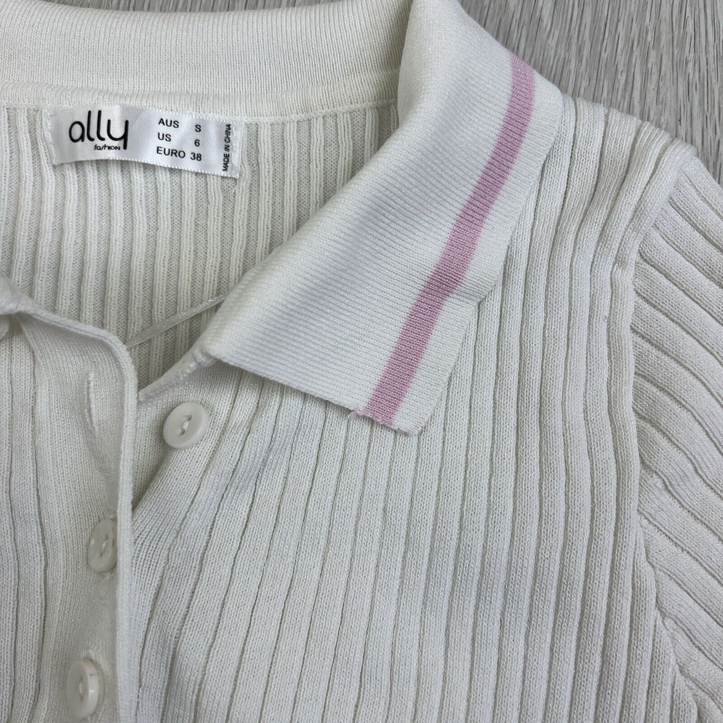 Ally Womens Preppy White Cropped Stretch Ribbed Polo Shirt Size Small