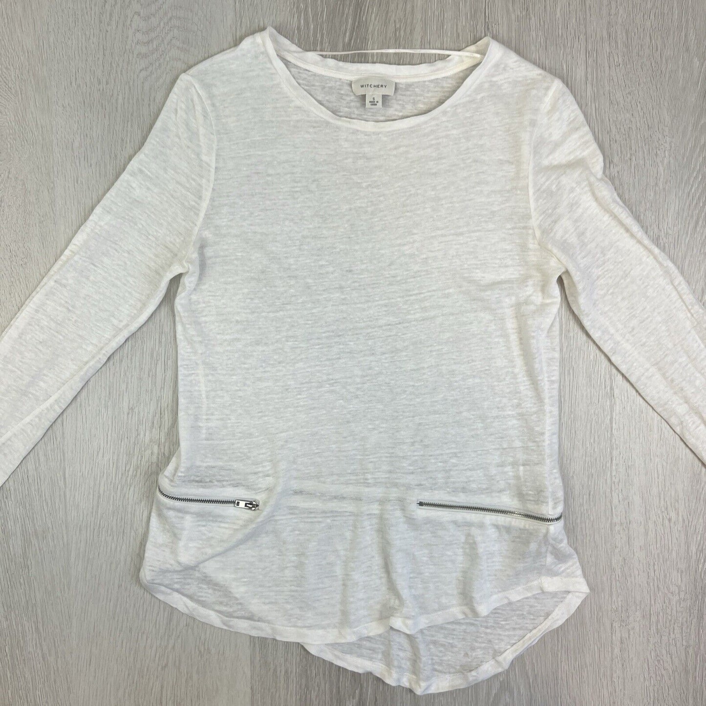 Witchery Womens White Linen Blend Long Sleeve T-Shirt Top Size Small