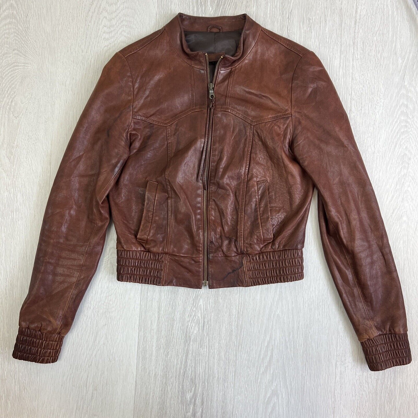 New Republic Womens Brown Cropped Full Zip Leather Jacket Size 8