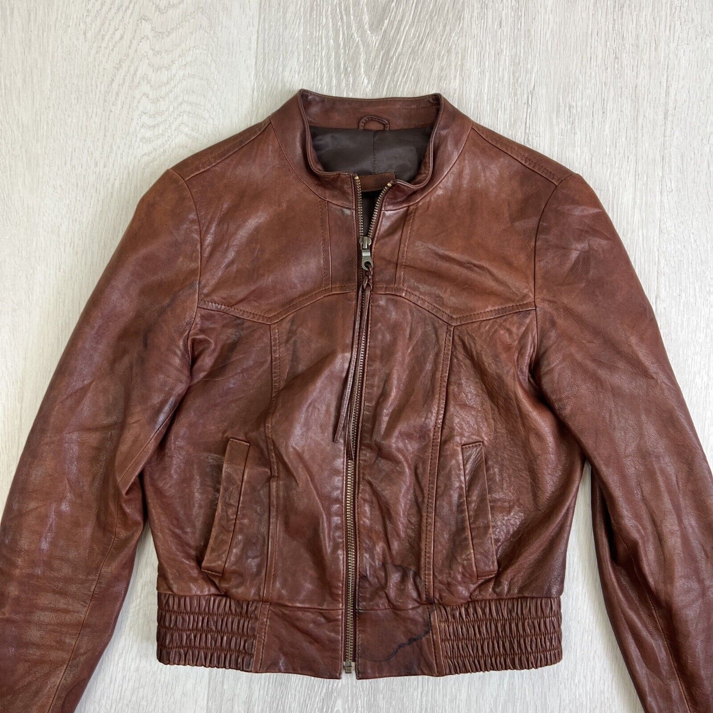 New Republic Womens Brown Cropped Full Zip Leather Jacket Size 8