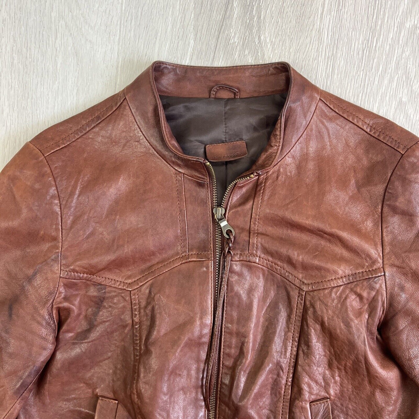 New Republic Womens Brown Cropped Full Zip Leather Jacket Size 8