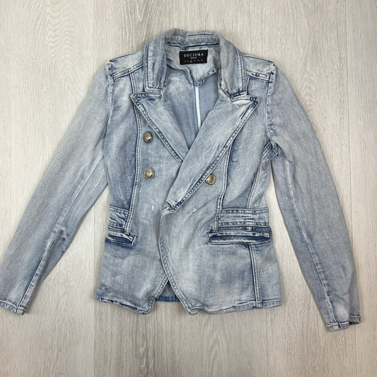 Decujuba Womens Blue Denim Double Breasted Jacket Size 10 (missing buttons)