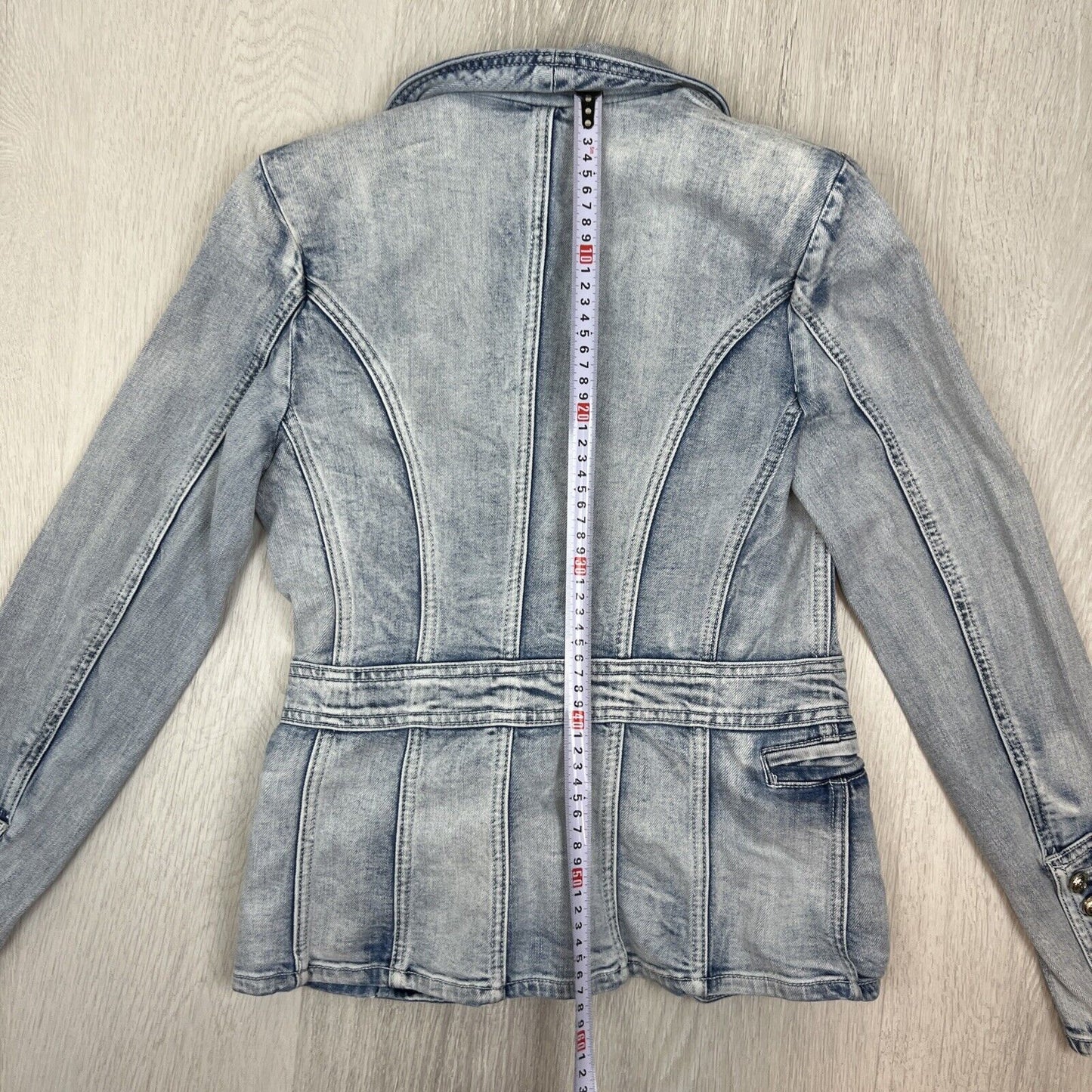 Decujuba Womens Blue Denim Double Breasted Jacket Size 10 (missing buttons)