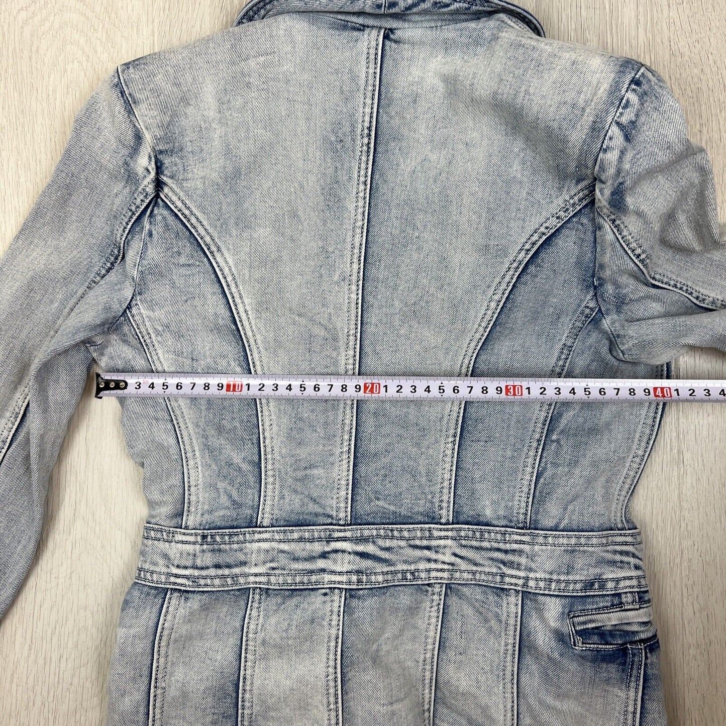 Decujuba Womens Blue Denim Double Breasted Jacket Size 10 (missing buttons)