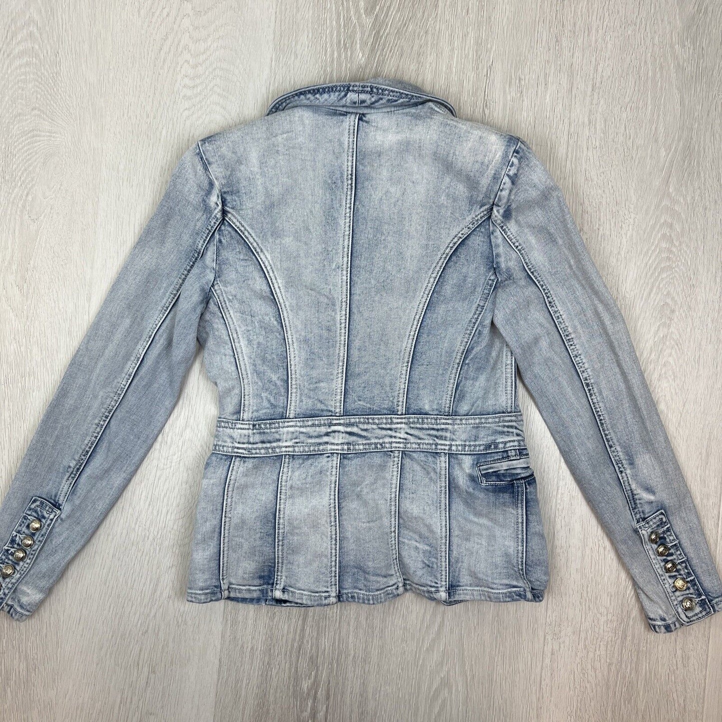 Decujuba Womens Blue Denim Double Breasted Jacket Size 10 (missing buttons)