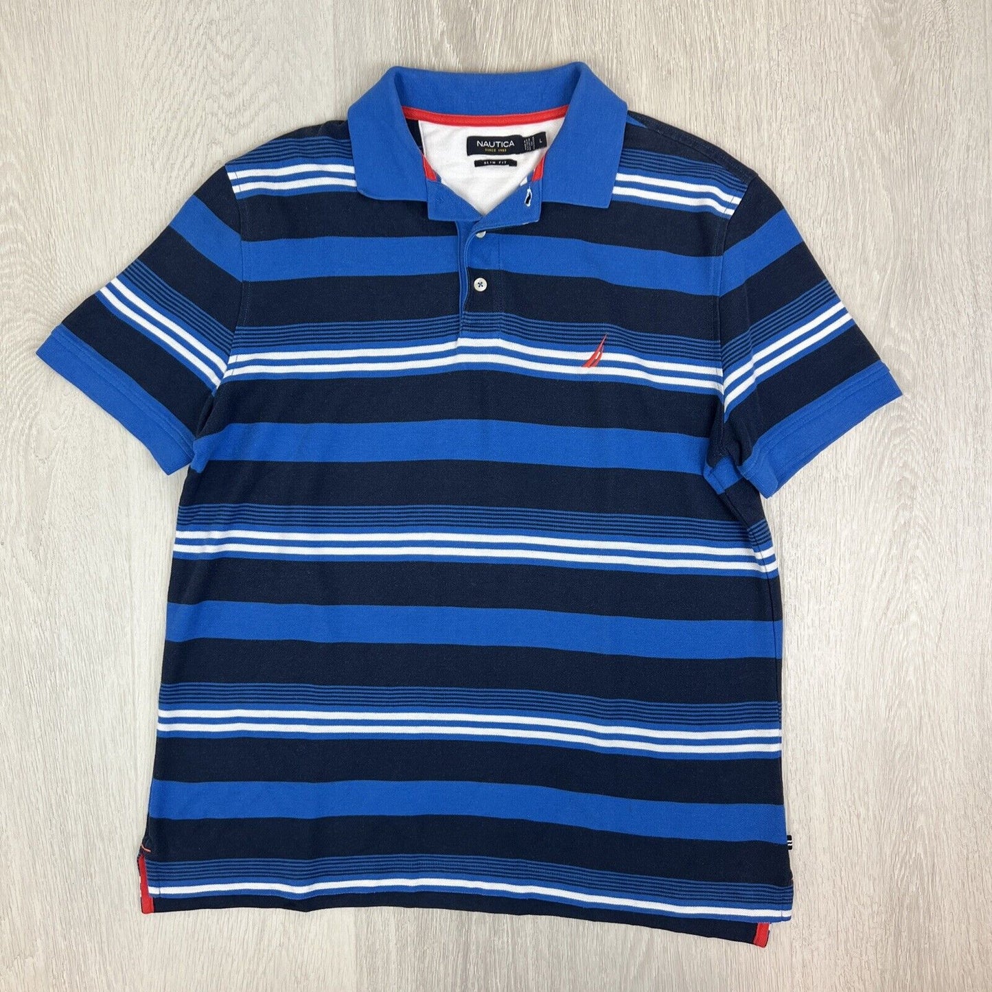 Nautica Mens Slim Fit Blue Striped Polo Shirt Size Large