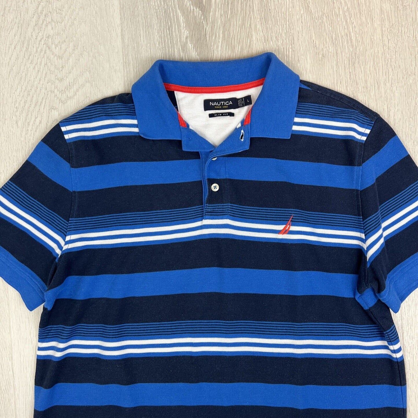 Nautica Mens Slim Fit Blue Striped Polo Shirt Size Large