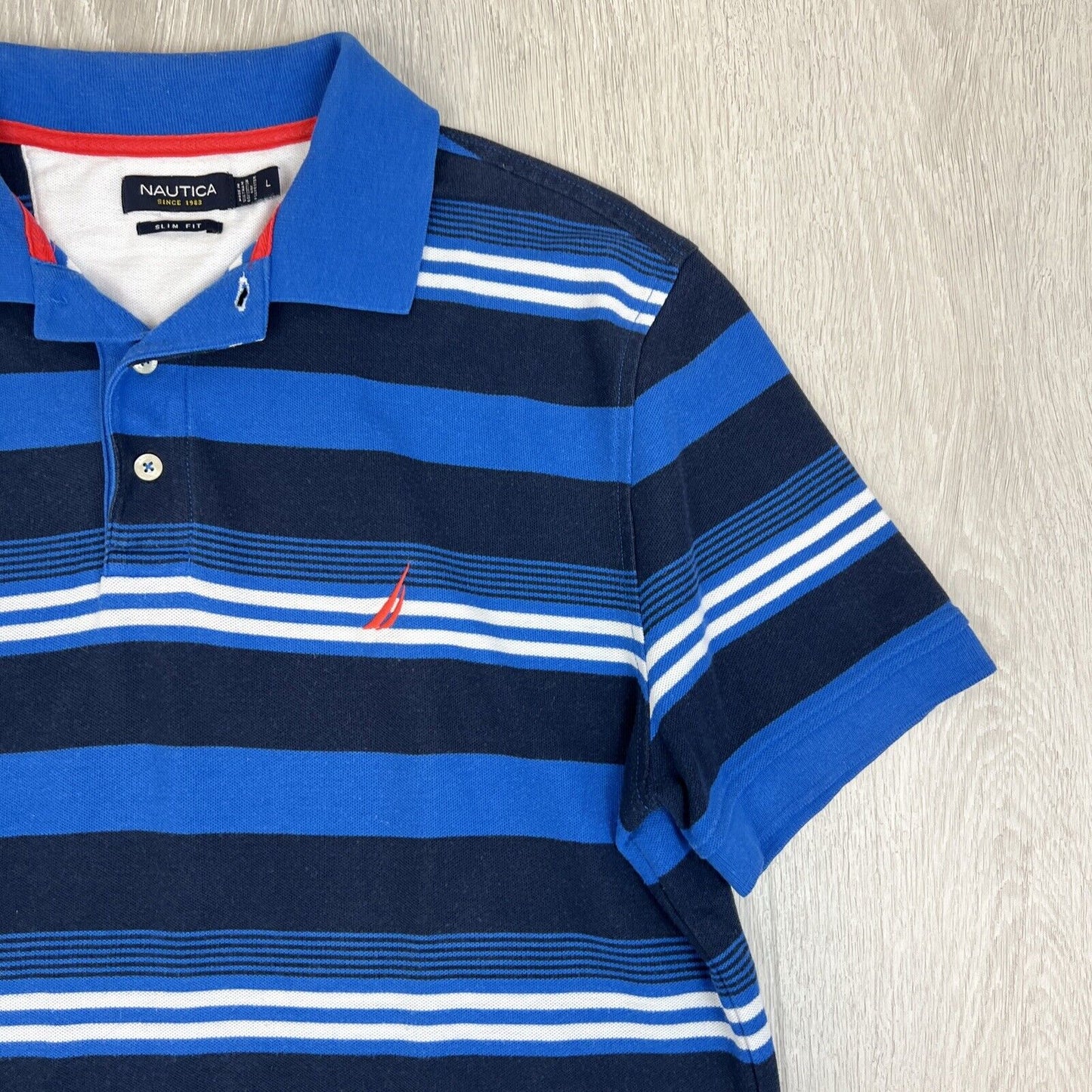 Nautica Mens Slim Fit Blue Striped Polo Shirt Size Large