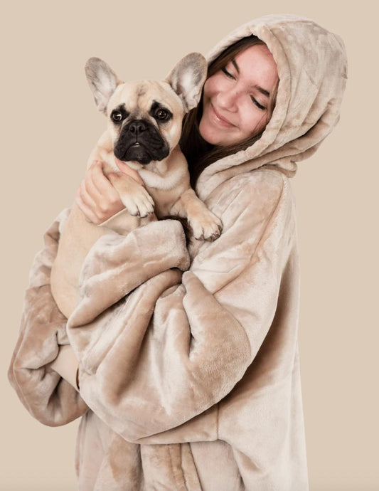 Frenchie Beige Oversized Loungewear Hoodie Hooded Blanket One Size