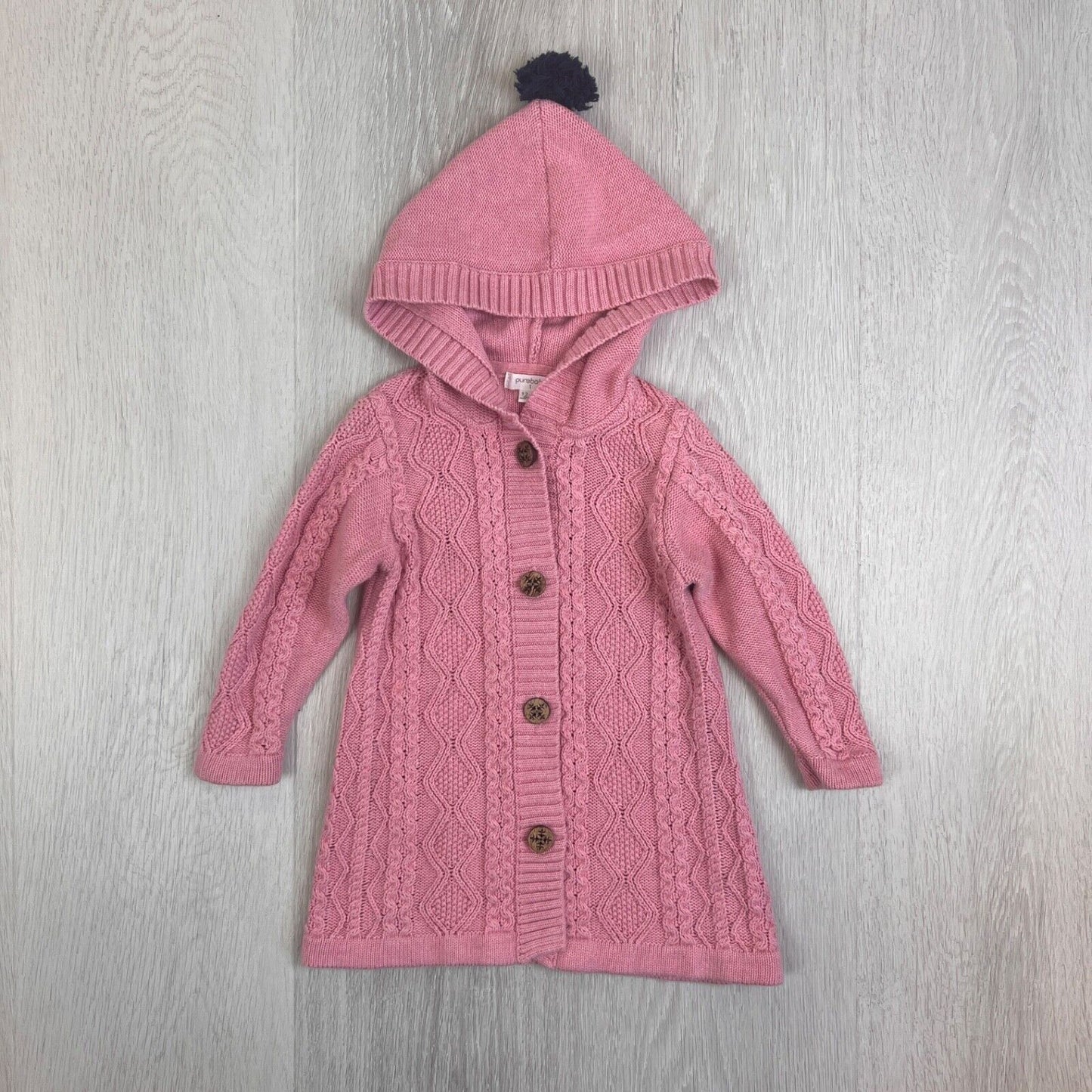 Pure Baby Girls Knitted Pink Organic Cotton Cardigan Hoodie Size 12 - 18 Months