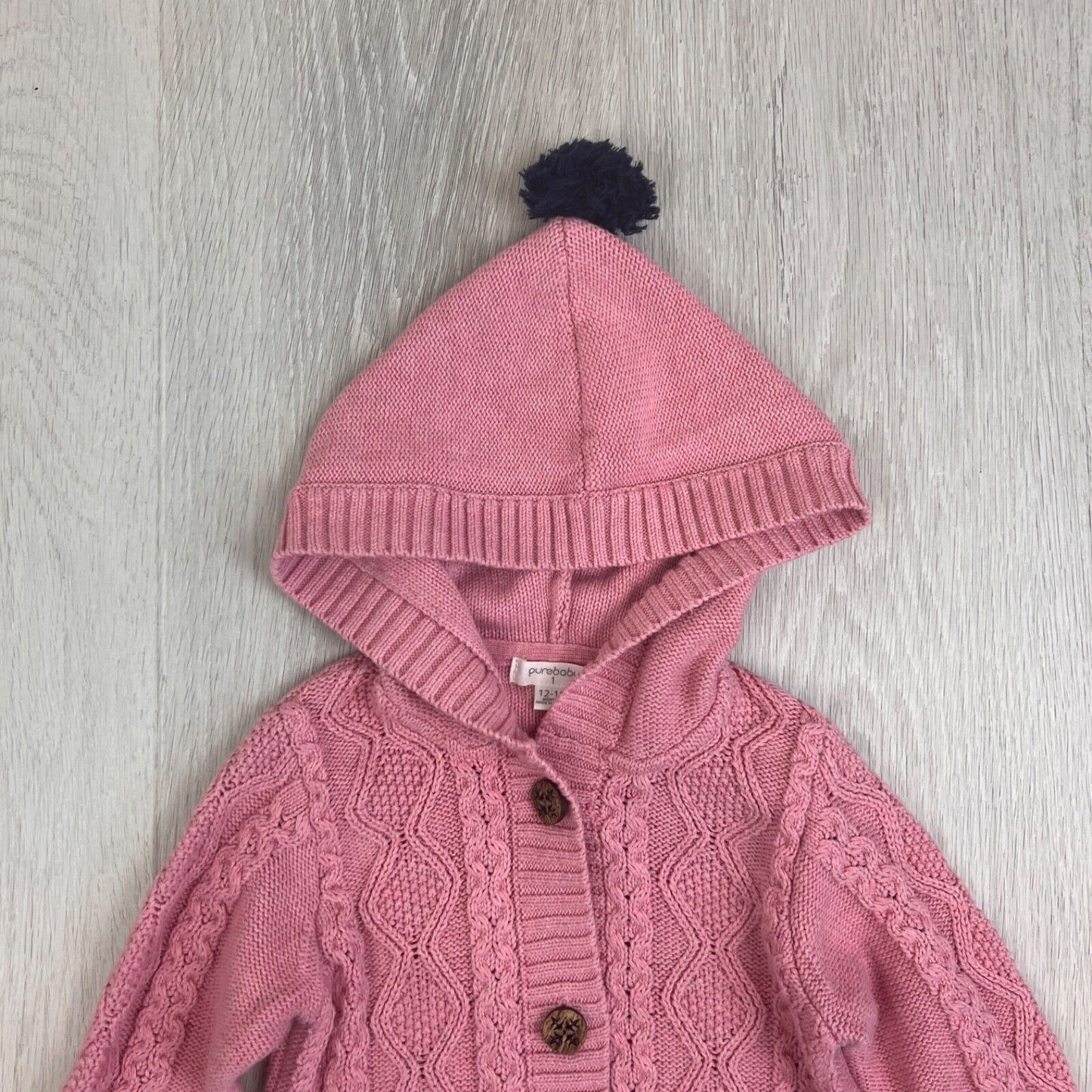 Pure Baby Girls Knitted Pink Organic Cotton Cardigan Hoodie Size 12 - 18 Months