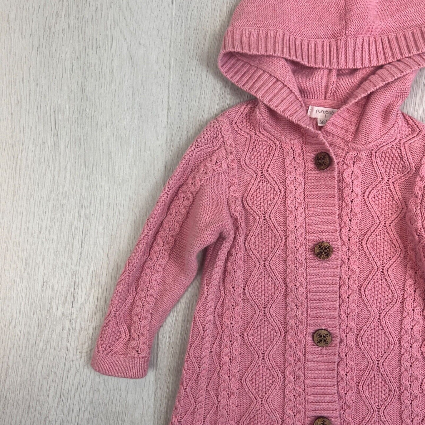 Pure Baby Girls Knitted Pink Organic Cotton Cardigan Hoodie Size 12 - 18 Months