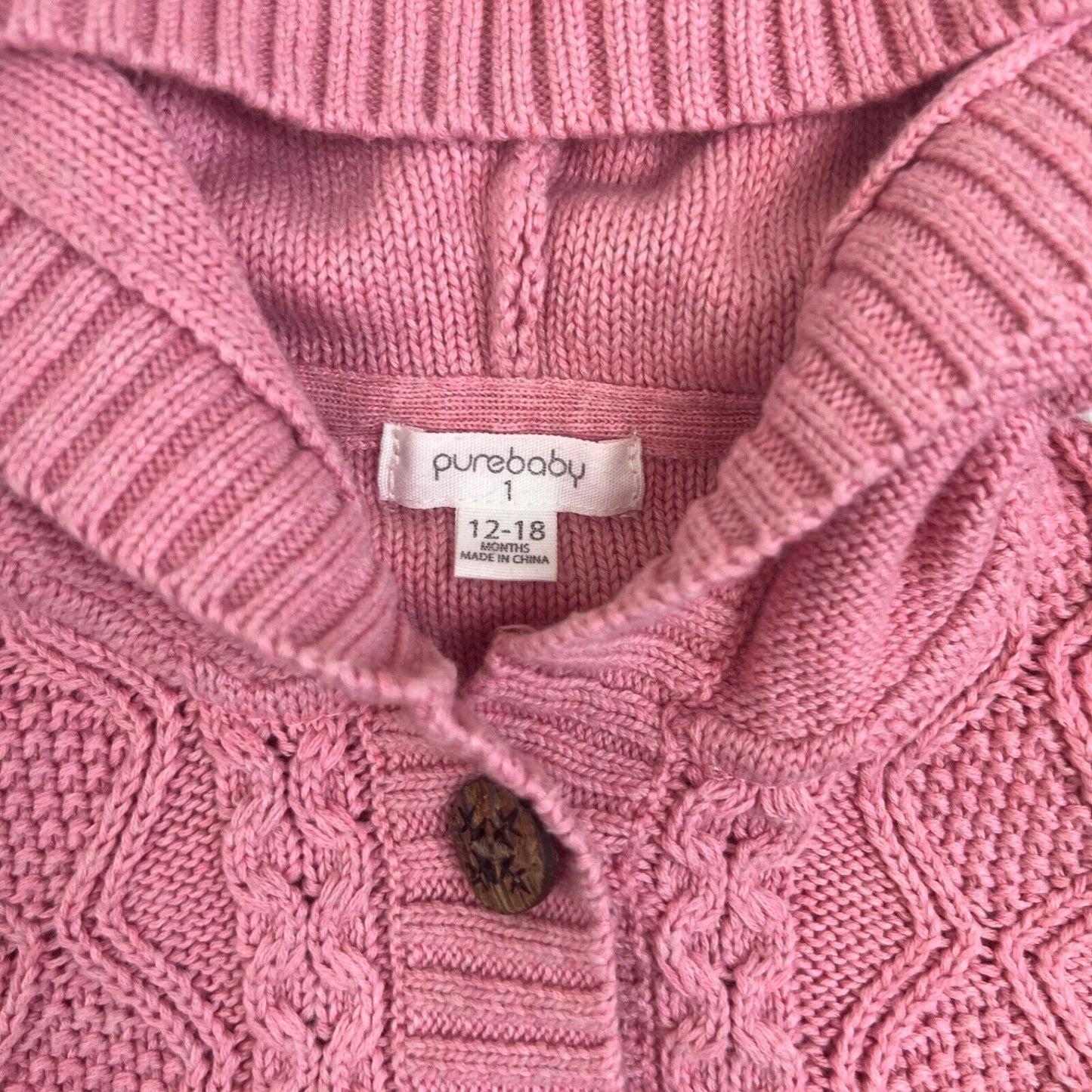 Pure Baby Girls Knitted Pink Organic Cotton Cardigan Hoodie Size 12 - 18 Months